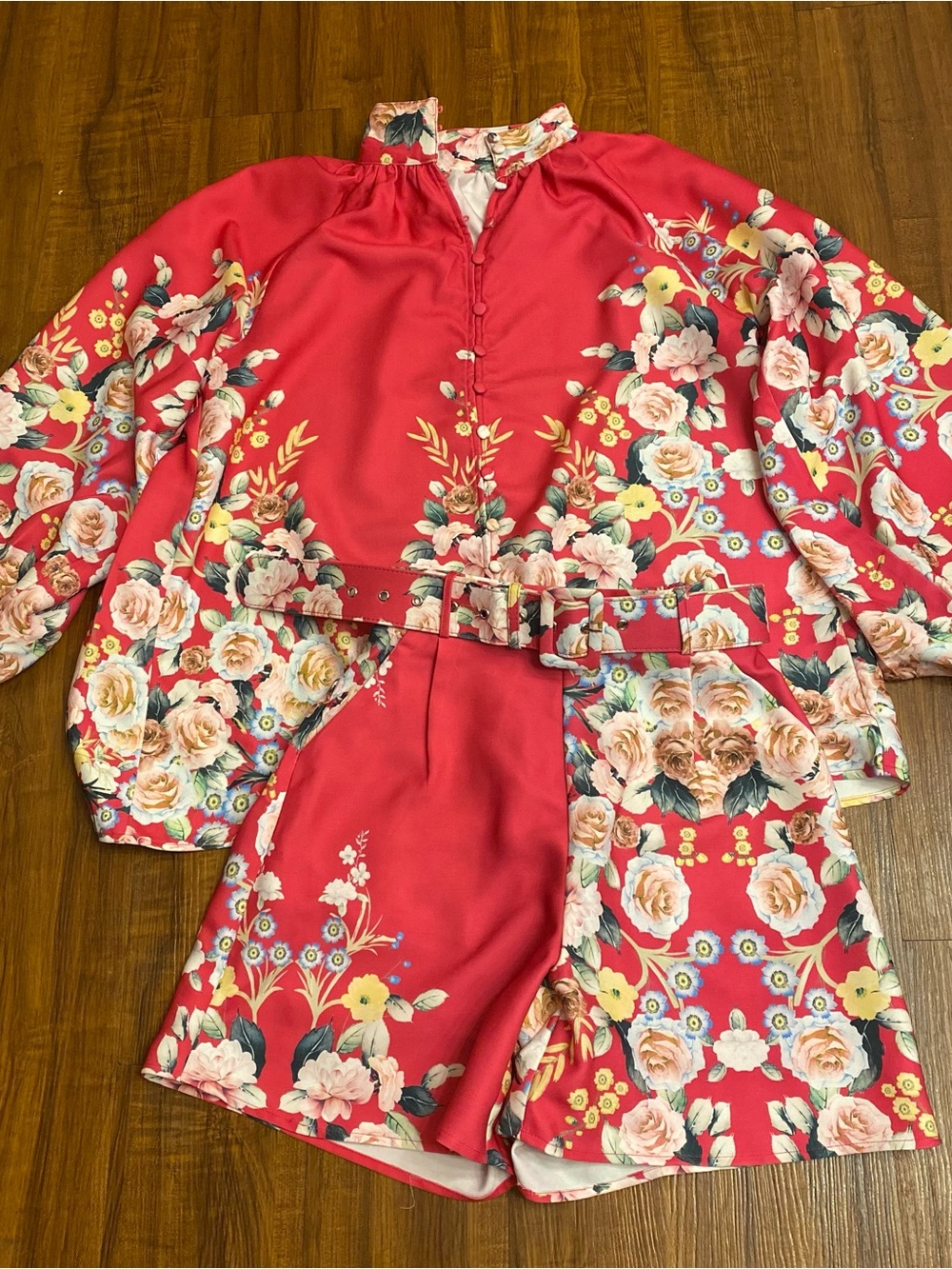 New Ladies ' Floral Pink Belted Matching Set